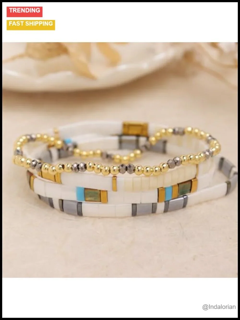 Gold Beaded Stretch Bracelet Stack Set Handmade Boho Party Gift
